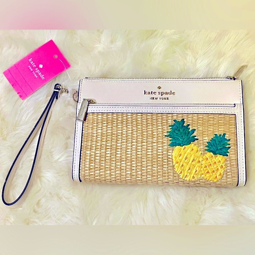 Kate Spade ♠️ Colada Pineapple Leather Wicker Straw Wristlet Wallet Purse Clutch